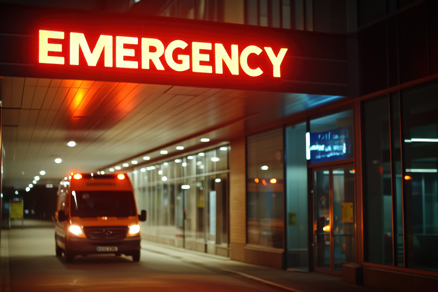 bright letters in red above ambulance in front of emergency