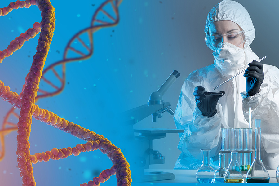 Genetic engineering. Female scientist works against the background of DNA chains. Genetics science. Human genome study. The study of the genetic DNA of human chromosomes. Medicine and biotechnology.